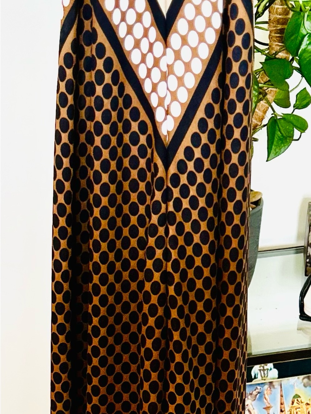 Michael Kors Collection silky/ flowing Brown/Navy/White Polka Dot Maxi Dress